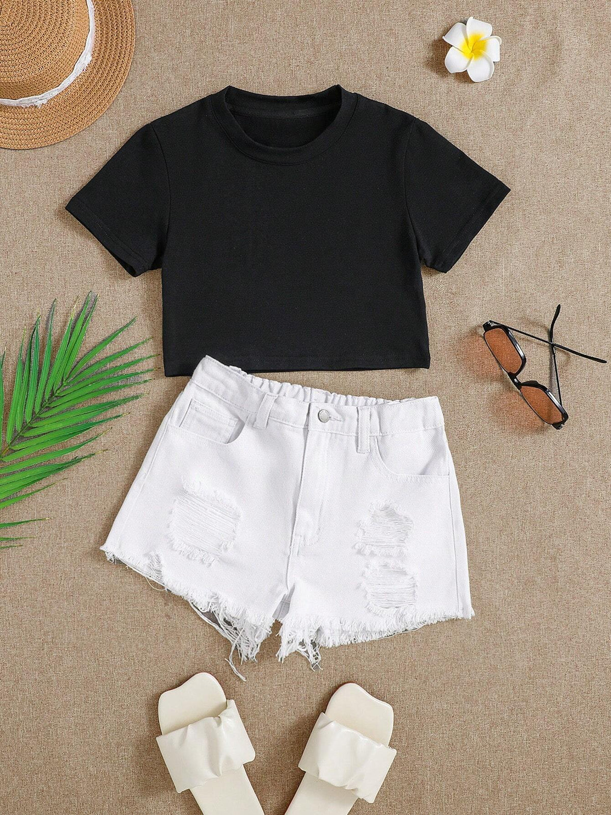 Tween Girls' Spring Summer Boho 2 Pieces Solid Short Sleeve T Shirt & White Distressed Ripped Raw Hem Denim Jeans Shorts Set,Summer Girls Clothes Outfits