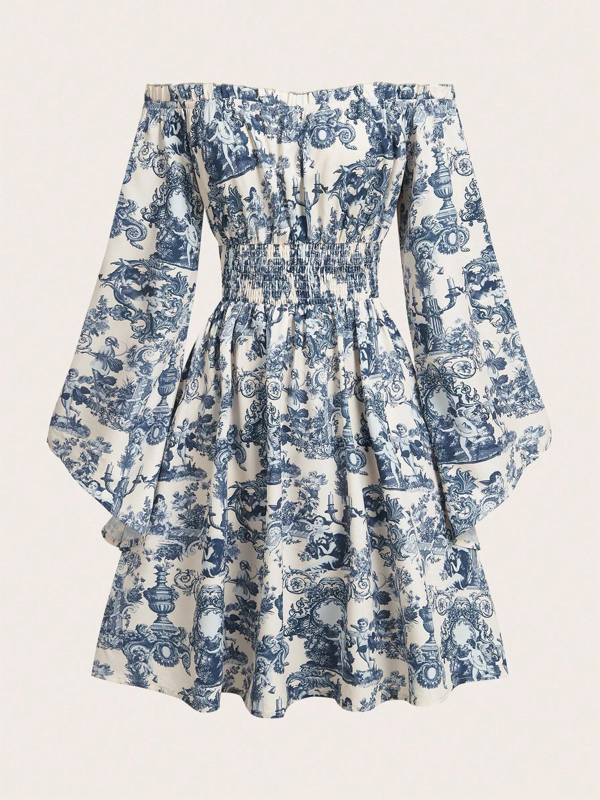 1pc Women Woven Printed Off-Shoulder Flared Sleeve Fitted Short Dress