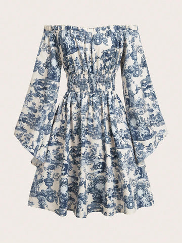 1pc Women Woven Printed Off-Shoulder Flared Sleeve Fitted Short Dress