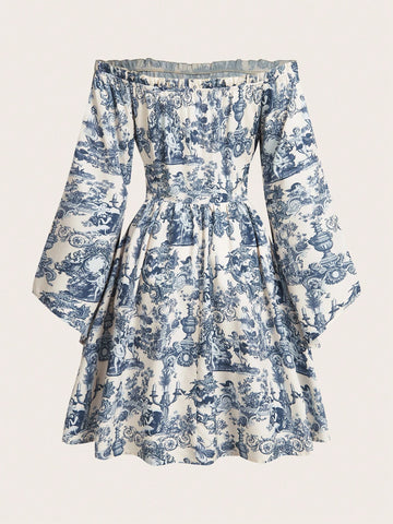 1pc Women Woven Printed Off-Shoulder Flared Sleeve Fitted Short Dress