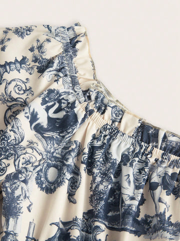 1pc Women Woven Printed Off-Shoulder Flared Sleeve Fitted Short Dress