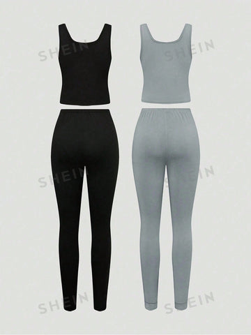 2pcs Women's Solid Color Tank Top And Leggings Set