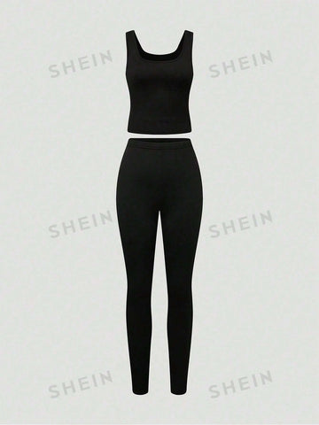 2pcs Women's Solid Color Tank Top And Leggings Set