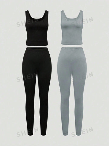2pcs Women's Solid Color Tank Top And Leggings Set