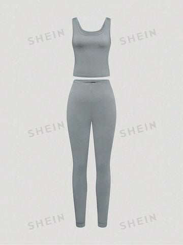 2pcs Women's Solid Color Tank Top And Leggings Set