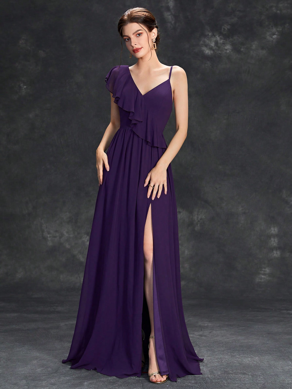 Asymmetrical Neck Ruffle Trim Split Thigh Bridesmaid Dress