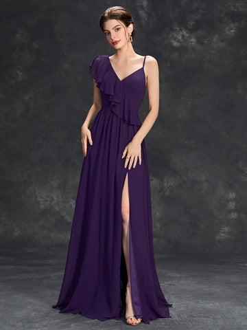 Asymmetrical Neck Ruffle Trim Split Thigh Bridesmaid Dress