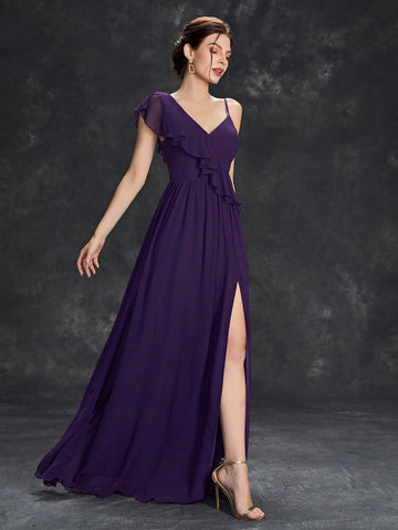 Asymmetrical Neck Ruffle Trim Split Thigh Bridesmaid Dress