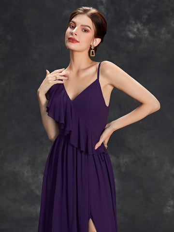 Asymmetrical Neck Ruffle Trim Split Thigh Bridesmaid Dress