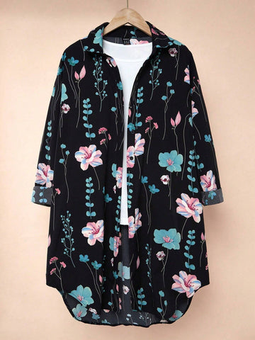 Unity Casual Floral Print Loose Fit Blouse, Random Flower Pattern, Autumn