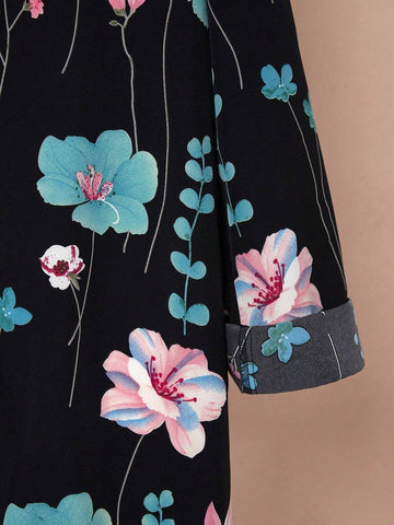 Unity Casual Floral Print Loose Fit Blouse, Random Flower Pattern, Autumn