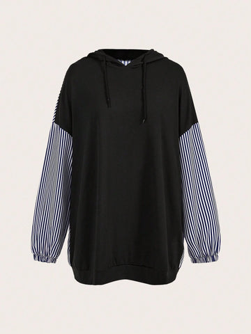 Casual Loose Knitted Patchwork Striped Hooded Sweatshirt Dress