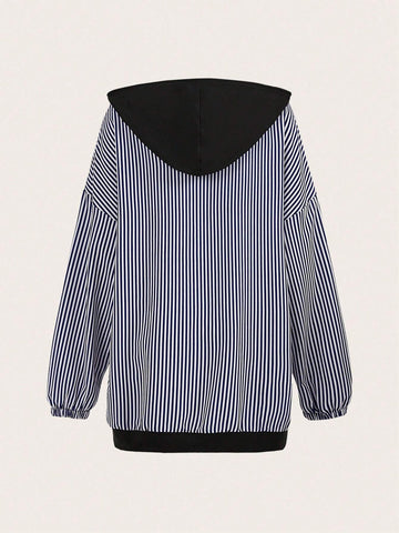 Casual Loose Knitted Patchwork Striped Hooded Sweatshirt Dress