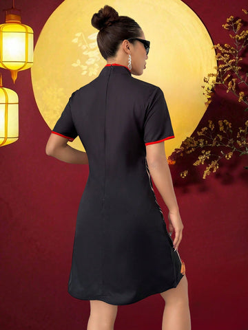 Chinese Style Portrait Printed Cheongsam Collar As One Piece Dress