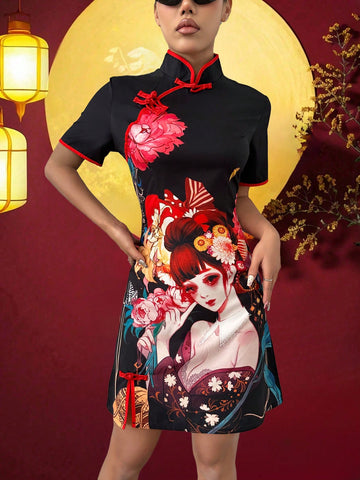 Chinese Style Portrait Printed Cheongsam Collar As One Piece Dress