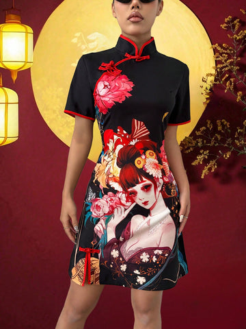 Chinese Style Portrait Printed Cheongsam Collar As One Piece Dress
