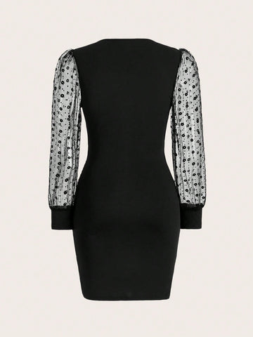 Deep V-Neck Floral Plush Mesh Sleeve Bodycon Dress For Women