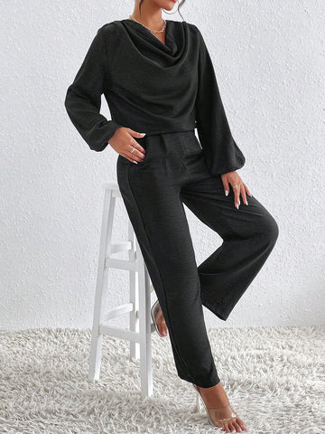 Draped Collar Drop Shoulder Top & Wide Leg Pants