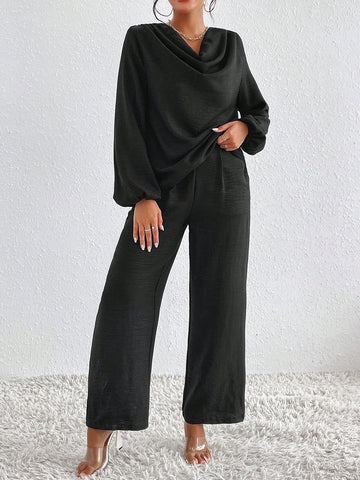 Draped Collar Drop Shoulder Top & Wide Leg Pants