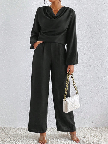 Draped Collar Drop Shoulder Top & Wide Leg Pants