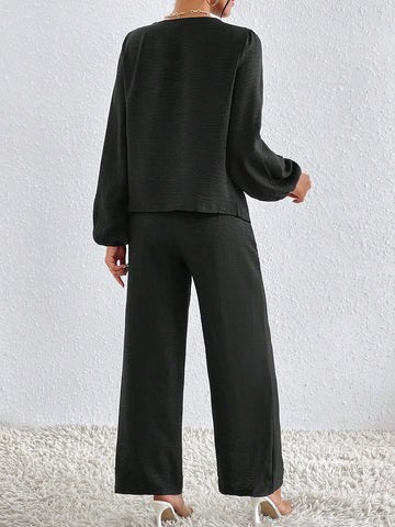 Draped Collar Drop Shoulder Top & Wide Leg Pants