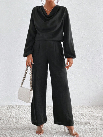 Draped Collar Drop Shoulder Top & Wide Leg Pants