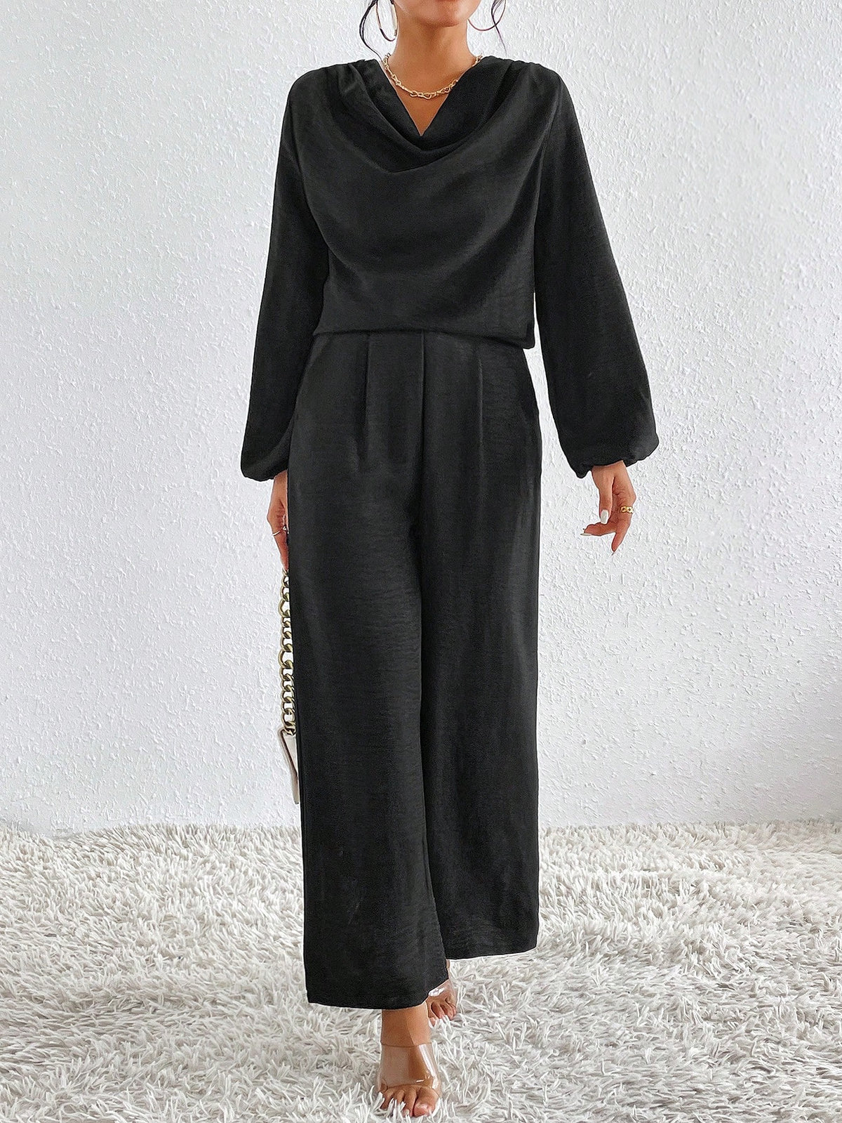 Draped Collar Drop Shoulder Top & Wide Leg Pants