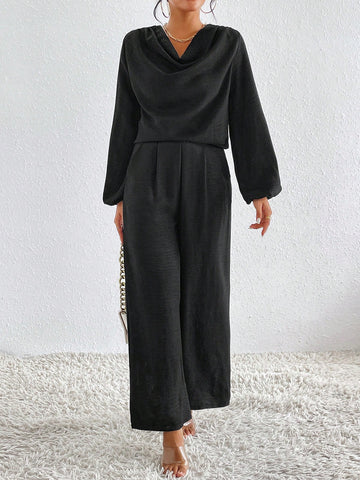 Draped Collar Drop Shoulder Top & Wide Leg Pants
