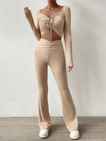 Drawstring Front Crop Tee & Flare Leg Pants