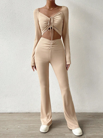 Drawstring Front Crop Tee & Flare Leg Pants