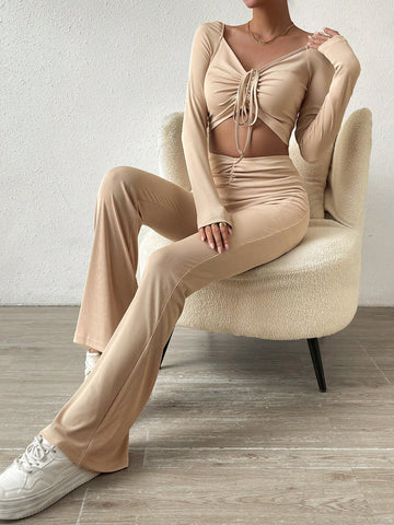 Drawstring Front Crop Tee & Flare Leg Pants