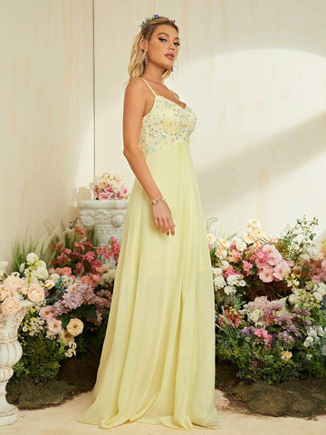 Floral Applique Chiffon Bridesmaid Dress