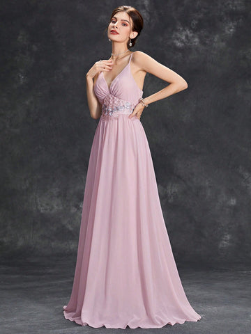 Floral Embroidery Chiffon Bridesmaid Dress