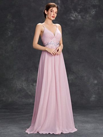 Floral Embroidery Chiffon Bridesmaid Dress