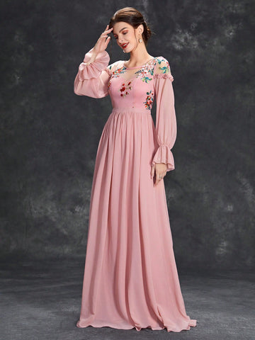 Floral Embroidery Flounce Sleeve Chiffon Bridesmaid Dress