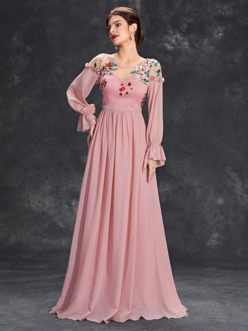 Floral Embroidery Flounce Sleeve Chiffon Bridesmaid Dress