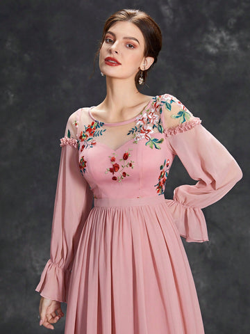 Floral Embroidery Flounce Sleeve Chiffon Bridesmaid Dress