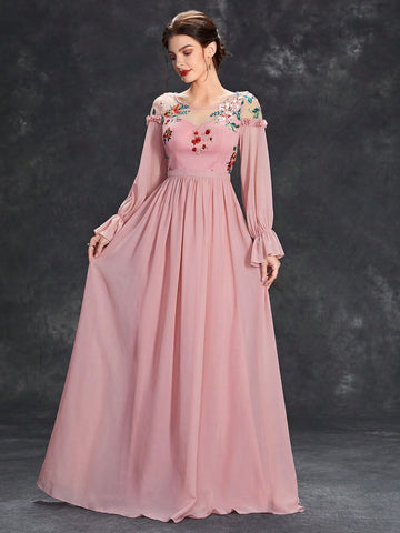 Floral Embroidery Flounce Sleeve Chiffon Bridesmaid Dress