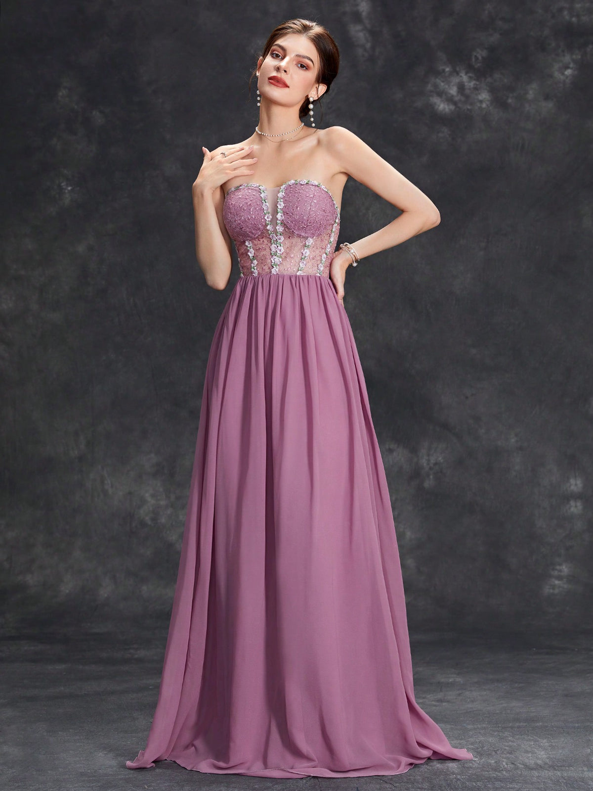 Floral Embroidery Mesh Insert Chiffon Bridesmaid Dress