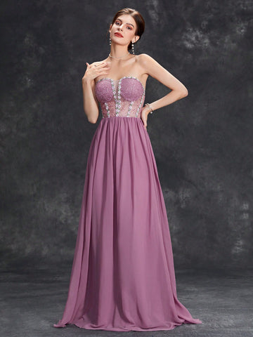 Floral Embroidery Mesh Insert Chiffon Bridesmaid Dress