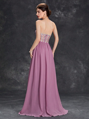 Floral Embroidery Mesh Insert Chiffon Bridesmaid Dress