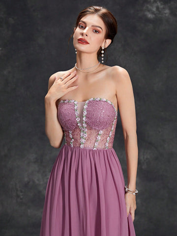 Floral Embroidery Mesh Insert Chiffon Bridesmaid Dress