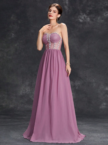 Floral Embroidery Mesh Insert Chiffon Bridesmaid Dress