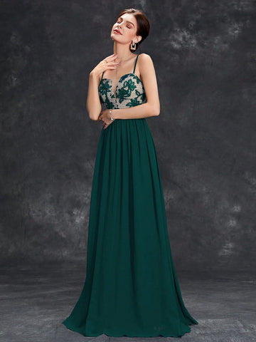 Floral Embroidery Mesh Insert Chiffon Bridesmaid Dress