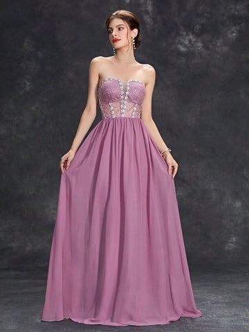 Floral Embroidery Mesh Insert Chiffon Bridesmaid Dress