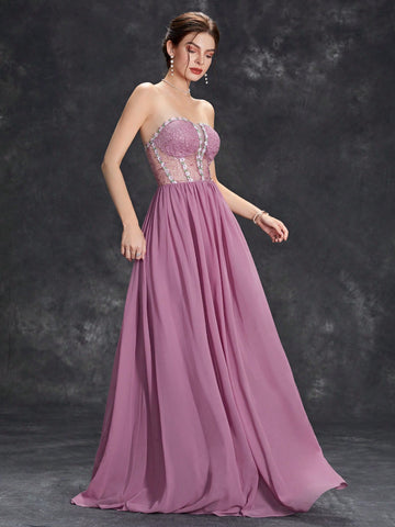 Floral Embroidery Mesh Insert Chiffon Bridesmaid Dress