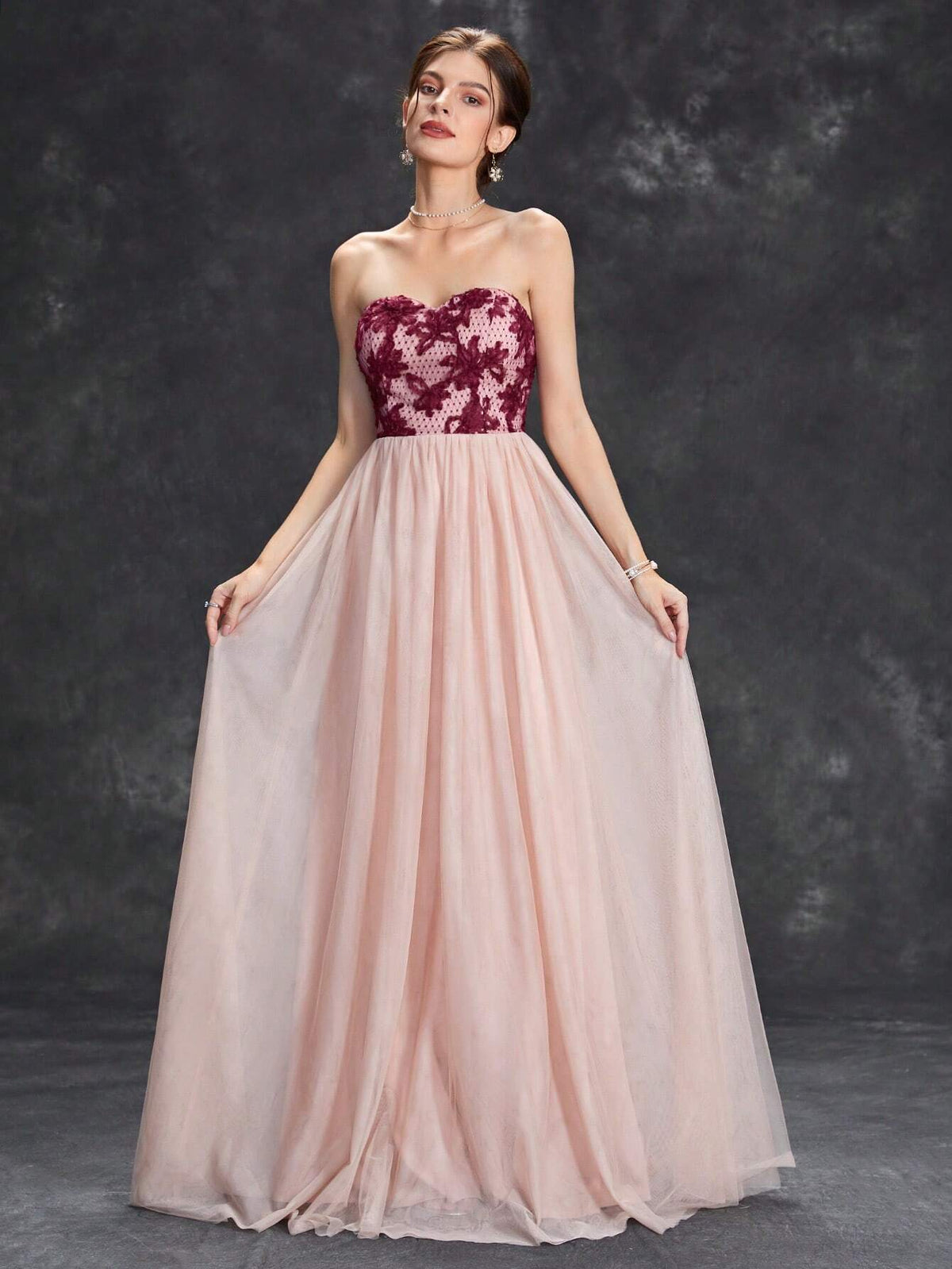 Floral Embroidery Mesh Tube Bridesmaid Dress