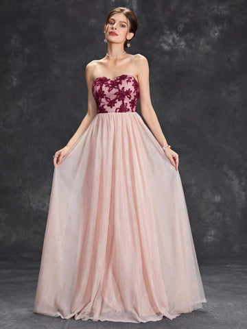 Floral Embroidery Mesh Tube Bridesmaid Dress