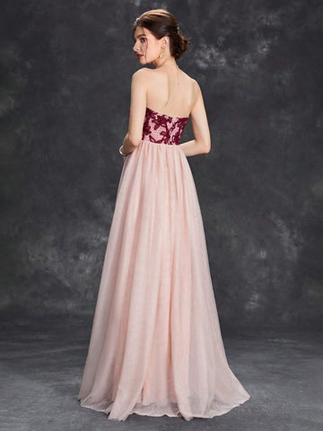 Floral Embroidery Mesh Tube Bridesmaid Dress