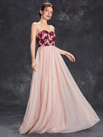 Floral Embroidery Mesh Tube Bridesmaid Dress